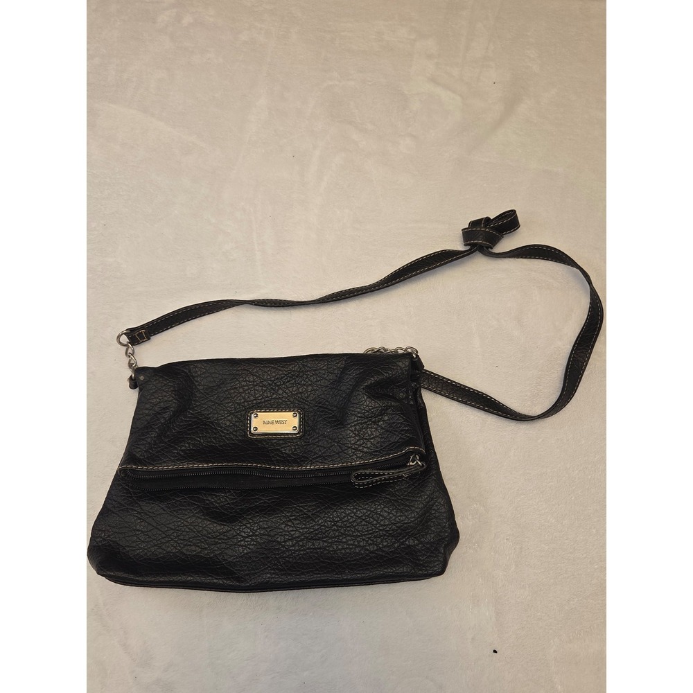 Nine West Black Fold Over Crossbody Bag Pebbled Faux Leather Adj Strap